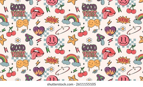 Abstract y2k seamless pattern. Psychedelic repeating ornament with groovy stickers, emoji, trippy mushrooms, hearts and rainbows. Flat vector illustration collection isolated on background