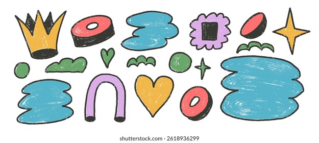 Abstract y2k shapes and text boxes crayon drawn set. Naive doodle tag figures on white background. Callouts frames geometric forms elements. Vector illustration by pencil with outline stroke.