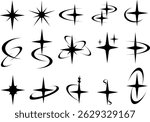Abstract Y2K starburst icons featuring glowing spins, atomic orbits, elliptical rings, and futuristic curves. Ideal for logos, stickers, and edgy pop designs.