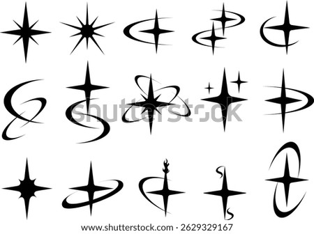 Abstract Y2K starburst icons featuring glowing spins, atomic orbits, elliptical rings, and futuristic curves. Ideal for logos, stickers, and edgy pop designs.