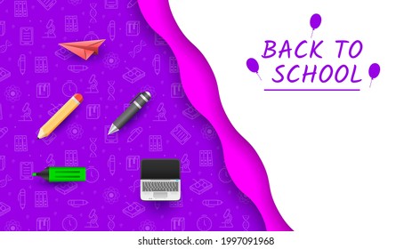 Abstract Yellow 1 September Back To School Plane Notebook Laptop Pencil Education Student Icons Knowledge Day Background Vector Design Style For Poster Or Postcard