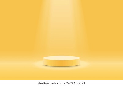 Abstract yellow 3d cylinder podium pedestal or product display stand with spotlight shine to stage make product focused. Minimal scene for product mockup. Stage for showcase. 3d vector rendering.