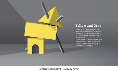 Abstract yellow 3D objects or elements installation balancing in the gray room in modern minimalistic style