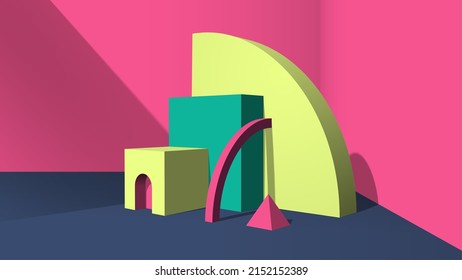 Abstract yellow 3D objects or elements installation in the pink room for a booklet of banner.