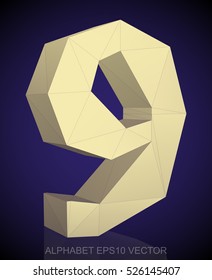 Abstract Yellow 3D polygonal 9 with reflection. Low poly alphabet collection. EPS 10 vector illustration.