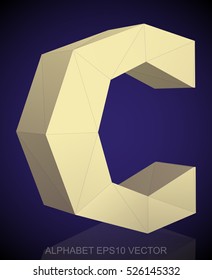 Abstract Yellow 3D polygonal lowercase letter C with reflection. Low poly alphabet collection. EPS 10 vector illustration.
