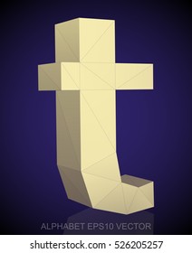 Abstract Yellow 3D polygonal lowercase letter T with reflection. Low poly alphabet collection. EPS 10 vector illustration.