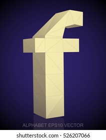 Abstract Yellow 3D polygonal lowercase letter F with reflection. Low poly alphabet collection. EPS 10 vector illustration.