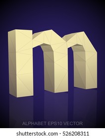 Abstract Yellow 3D polygonal lowercase letter M with reflection. Low poly alphabet collection. EPS 10 vector illustration.