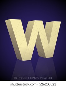 Abstract Yellow 3D polygonal lowercase letter W with reflection. Low poly alphabet collection. EPS 10 vector illustration.