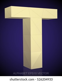 Abstract Yellow 3D polygonal uppercase letter T with reflection. Low poly alphabet collection. EPS 10 vector illustration.