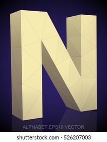 Abstract Yellow 3D polygonal uppercase letter N with reflection. Low poly alphabet collection. EPS 10 vector illustration.