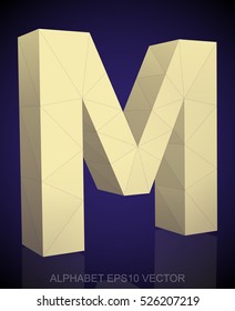 Abstract Yellow 3D polygonal uppercase letter M with reflection. Low poly alphabet collection. EPS 10 vector illustration.