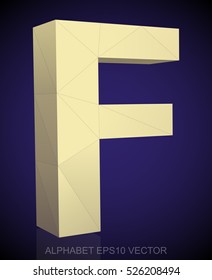 Abstract Yellow 3D polygonal uppercase letter F with reflection. Low poly alphabet collection. EPS 10 vector illustration.