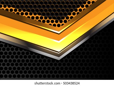 Abstract yellow arrow on black mesh background texture design vector illustration.
