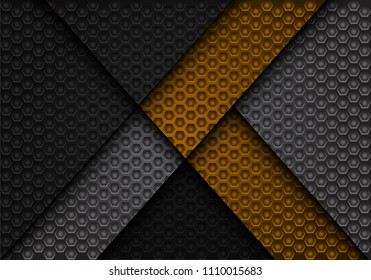 Abstract yellow arrow on dark gray hexagon pattern design luxury background texture vector illustration.