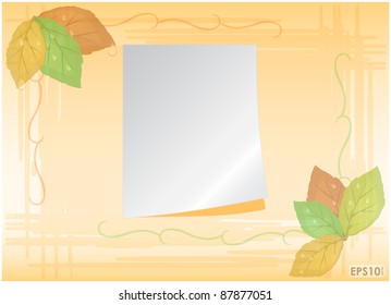Abstract yellow background with autumn red, green foliage, paper sheet
