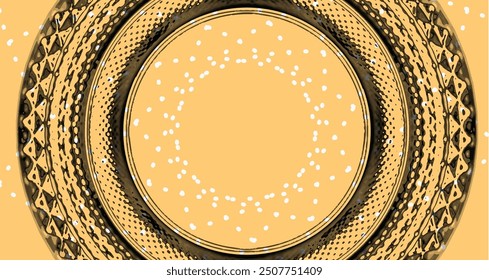 Abstract Yellow Background with Black Chrome Ripple Circle and White Dots Swirl