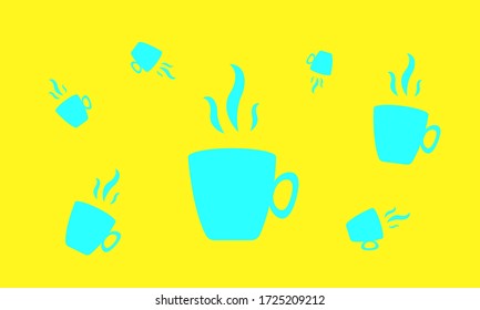 abstract yellow background with blue bright patterns of coffee cups and steam wallpaper for design