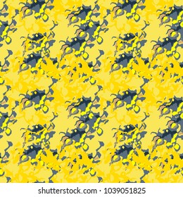 Abstract yellow background with blue figures. Seamless pattern as UFO camouflage is usable as backdrop or for print for textile or wrapping paper