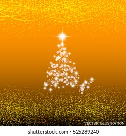 Abstract yellow background with christmas tree, waves and lights. Illustration in gold colors with shiny particles on the frame. Vector illustration.