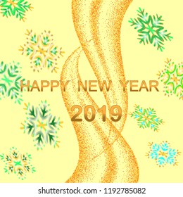 
Abstract yellow background with colored snowflakes, holiday card with golden waves, New Year,