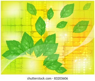 Abstract yellow background with the expanding green foliage