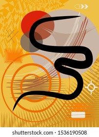 Abstract  yellow background ,fancy  geometric and curved shapes , expressionism art style