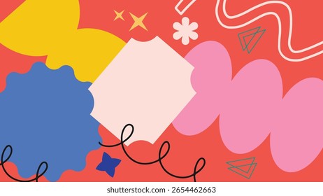Abstract yellow background featuring squiggly lines, stars, circles, and cutout shapes in bold blue, pink, and green colors.