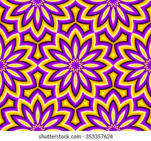 Abstract yellow background with flowers (motion illusion). Seamless pattern.