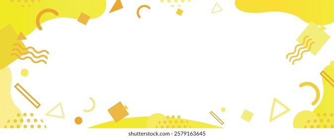 Abstract yellow background with geometric shapes. Yellow and white colors dominate the background with playful, wavy textures. Memphis pattern frame background. Yellow background vector.
