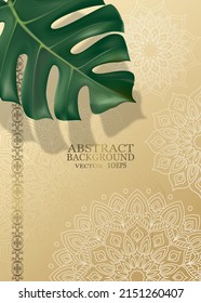 Abstract yellow background with green monstera leaf and mandala pattern.