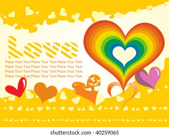 abstract yellow background with macro and rainbow heart illustration