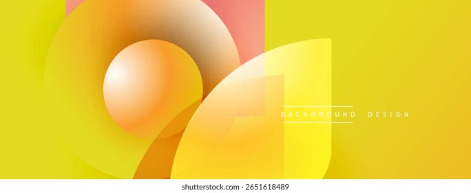 Abstract yellow background. Overlapping circles, squares create dynamic composition. Gradient colors add depth, visual interest. Modern design element.