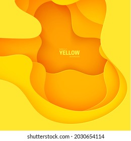 Abstract yellow background in paper cut art. 3d orange liquid wavy form with shadow in minimalistic style. Simple layout design for advertising poster brochure or flyer. Vector card illustration