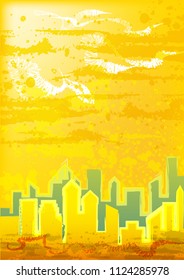 Abstract yellow background for poster, banner, postcard. Silhouette of the city, sunny hot sky