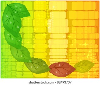 Abstract yellow background with red and green leaves symbolizing autumn