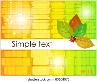 Abstract yellow background with red, green foliage symbolizing autumn and ladybug