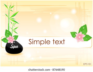 Abstract yellow background with spa stone, flowers, bamboo sprout and scratched frame