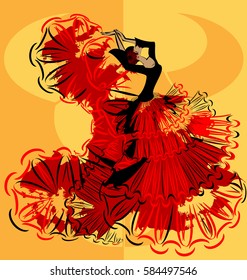 abstract yellow background and Spanish dancer in red-black dress