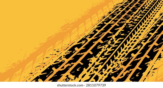 Abstract yellow background with tire skid marks and scratches with grunge effect. Modern design with tire texture for car racing, motocross, drift, rally, off-road event. Vector illustration EPS. 3