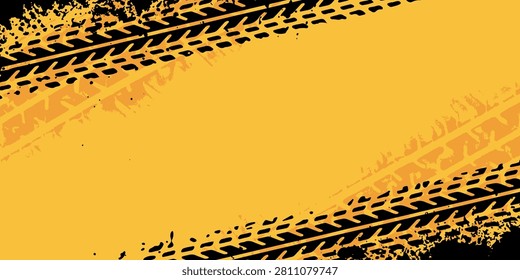 Abstract yellow background with tire skid marks and scratches with grunge effect. Modern design with tire texture for car racing, motocross, drift, rally, off-road event. Vector illustration EPS. 2