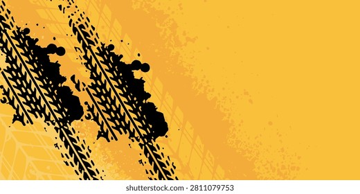 Abstract yellow background with tire skid marks and scratches with grunge effect. Modern design with tire texture for car racing, motocross, drift, rally, off-road event. Vector illustration.