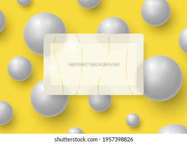 Abstract yellow background with transparent matte frame for text over metallic silver realistic balls. Vector illustration.