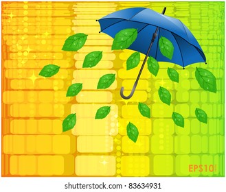 Abstract yellow background with an umbrella and the emitted green leaves