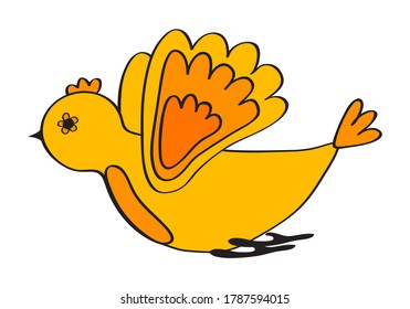 Abstract yellow bird. Side view. Hand drawn style. Isolated on a white background. Vector illustration.