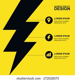 Abstract yellow, black background with lightning and icons. Concept for brochure cover, flyer, poster, business template, energy and electricity theme.
