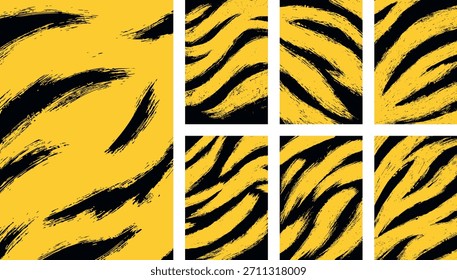 Abstractas conjunto de Vectores de trazo de pincel amarillo y negro con patrones de textura audaz, ideal para fondos, carteles, marcas y proyectos de Diseño gráfico modernos.