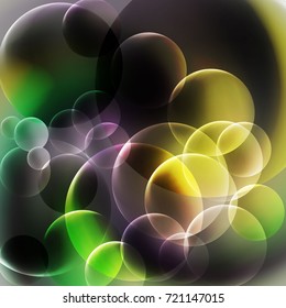 Abstract Yellow and Black Bubbles Background. Shining overlaping transparent circles background.