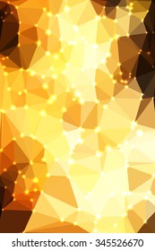 Abstract yellow and black geometric background consisting of colored triangles with lights in corners. Vertical format.